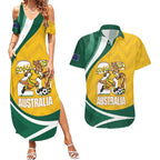Australia 2026 Soccer Custom Couples Matching Summer Maxi Dress and Hawaiian Shirt Go Socceroos Kangaroo Mascot Yellow Sporty
