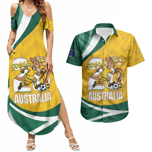 Australia 2026 Soccer Custom Couples Matching Summer Maxi Dress and Hawaiian Shirt Go Socceroos Kangaroo Mascot Yellow Sporty