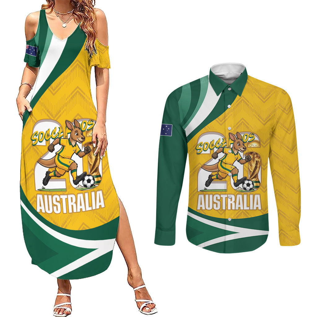 Australia 2026 Soccer Custom Couples Matching Summer Maxi Dress and Long Sleeve Button Shirt Go Socceroos Kangaroo Mascot Yellow Sporty
