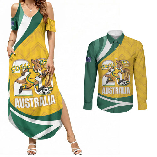 Australia 2026 Soccer Custom Couples Matching Summer Maxi Dress and Long Sleeve Button Shirt Go Socceroos Kangaroo Mascot Yellow Sporty