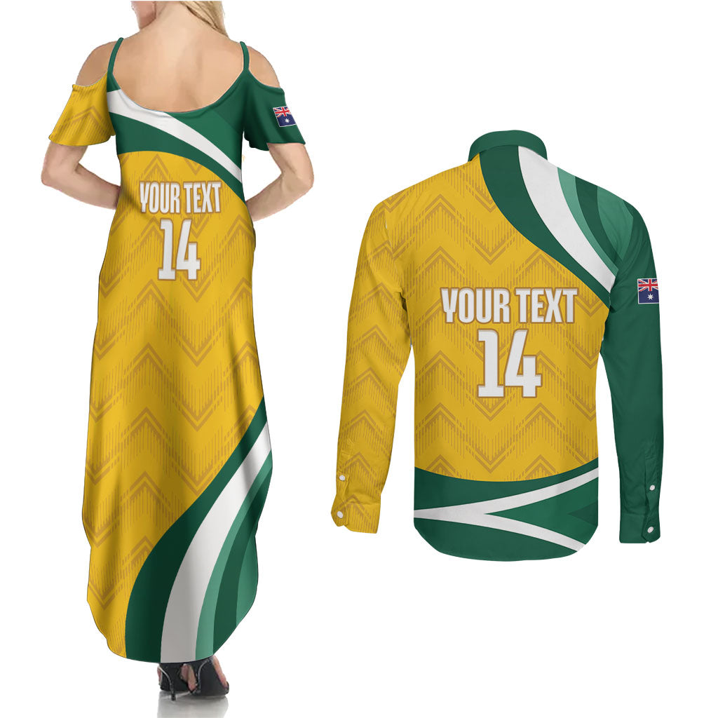 Australia 2026 Soccer Custom Couples Matching Summer Maxi Dress and Long Sleeve Button Shirt Go Socceroos Kangaroo Mascot Yellow Sporty