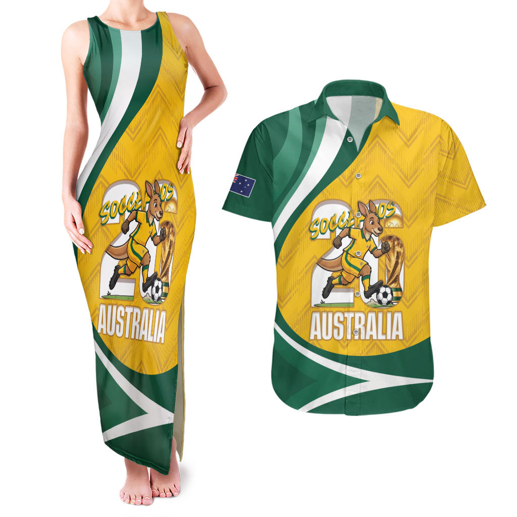 Australia 2026 Soccer Custom Couples Matching Tank Maxi Dress and Hawaiian Shirt Go Socceroos Kangaroo Mascot Yellow Sporty