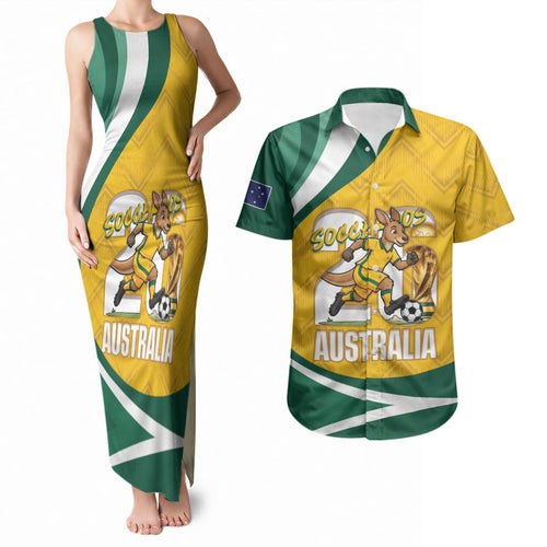 Australia 2026 Soccer Custom Couples Matching Tank Maxi Dress and Hawaiian Shirt Go Socceroos Kangaroo Mascot Yellow Sporty