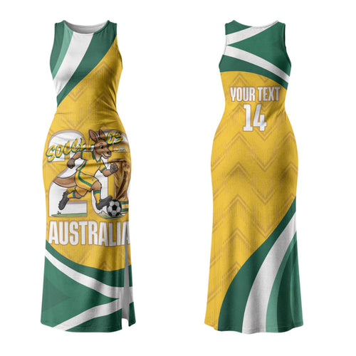 Australia 2026 Soccer Custom Couples Matching Tank Maxi Dress and Hawaiian Shirt Go Socceroos Kangaroo Mascot Yellow Sporty LT14
