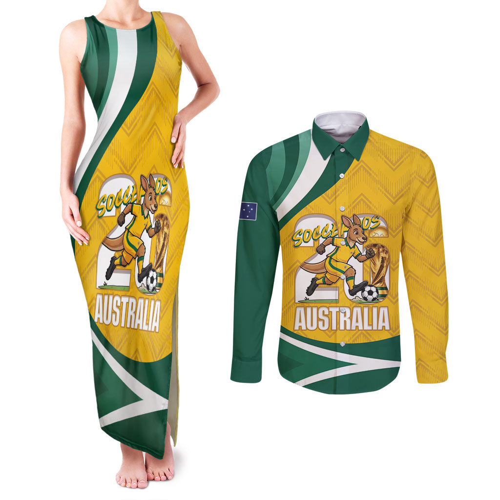 Australia 2026 Soccer Custom Couples Matching Tank Maxi Dress and Long Sleeve Button Shirt Go Socceroos Kangaroo Mascot Yellow Sporty