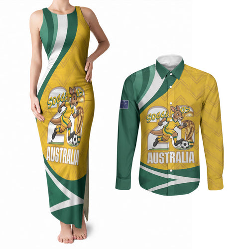 Australia 2026 Soccer Custom Couples Matching Tank Maxi Dress and Long Sleeve Button Shirt Go Socceroos Kangaroo Mascot Yellow Sporty