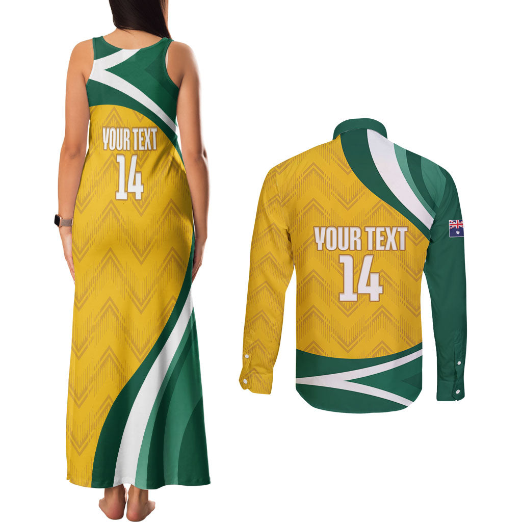 Australia 2026 Soccer Custom Couples Matching Tank Maxi Dress and Long Sleeve Button Shirt Go Socceroos Kangaroo Mascot Yellow Sporty