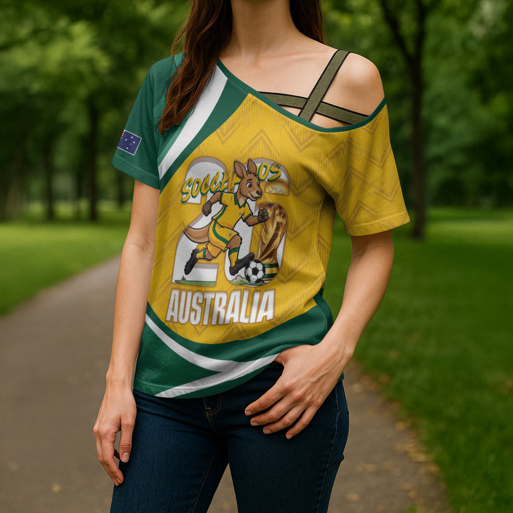Australia 2026 Soccer Custom Cross Shoulder Shirt Go Socceroos Kangaroo Mascot Yellow Sporty