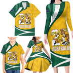 Australia 2026 Soccer Custom Family Matching Long Sleeve Bodycon Dress and Hawaiian Shirt Go Socceroos Kangaroo Mascot Yellow Sporty