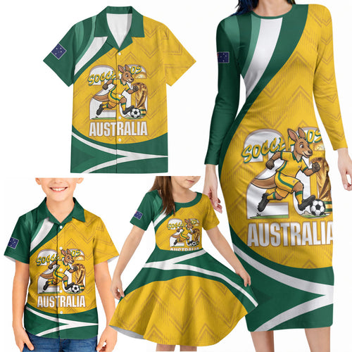 Australia 2026 Soccer Custom Family Matching Long Sleeve Bodycon Dress and Hawaiian Shirt Go Socceroos Kangaroo Mascot Yellow Sporty