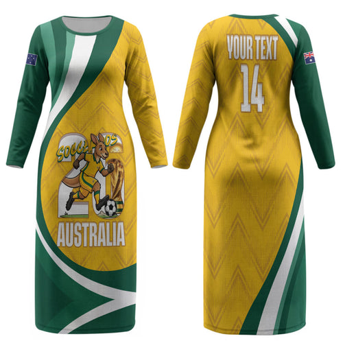 Australia 2026 Soccer Custom Family Matching Long Sleeve Bodycon Dress and Hawaiian Shirt Go Socceroos Kangaroo Mascot Yellow Sporty
