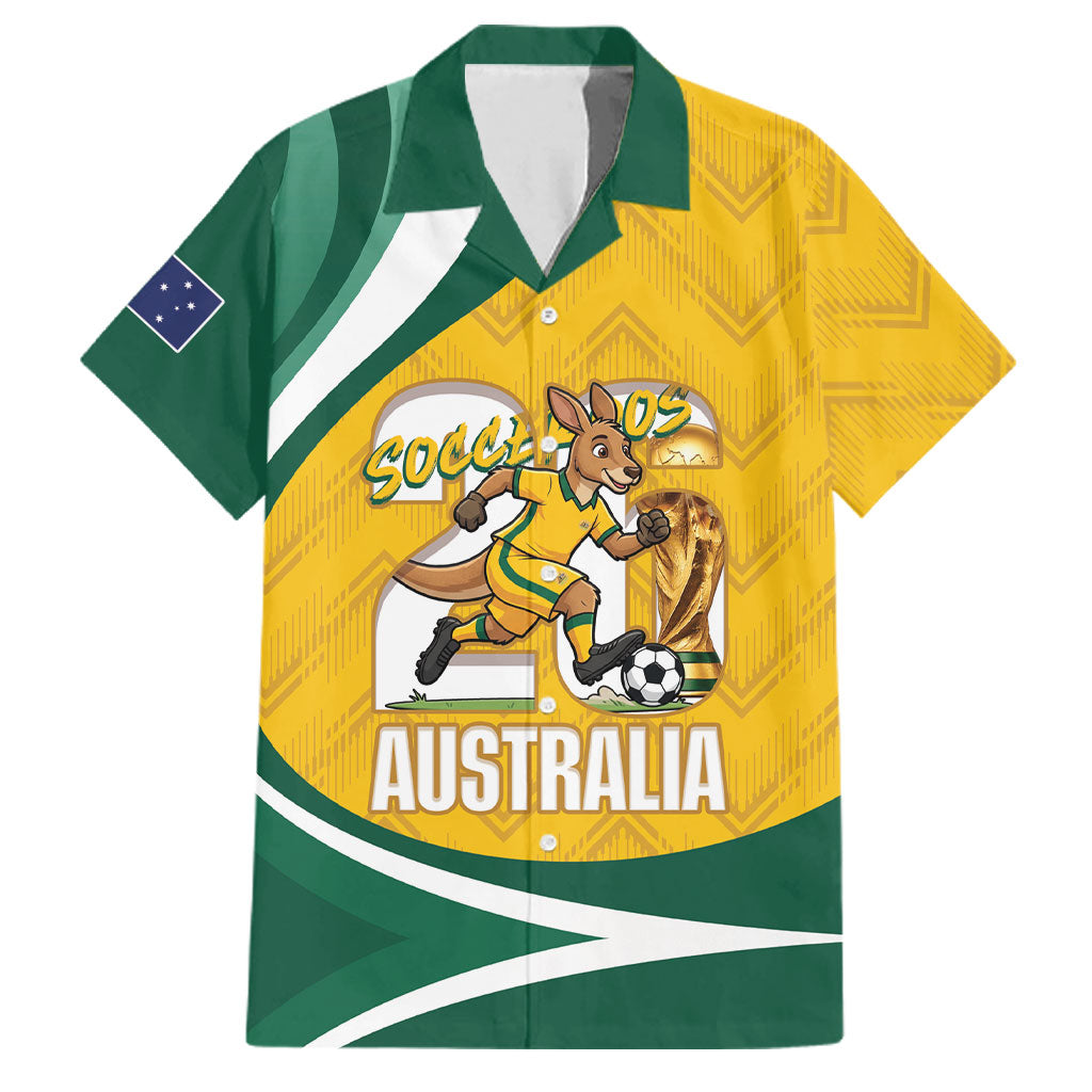 Australia 2026 Soccer Custom Family Matching Long Sleeve Bodycon Dress and Hawaiian Shirt Go Socceroos Kangaroo Mascot Yellow Sporty