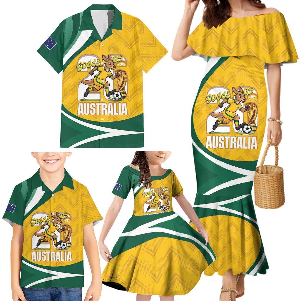 Australia 2026 Soccer Custom Family Matching Mermaid Dress and Hawaiian Shirt Go Socceroos Kangaroo Mascot Yellow Sporty