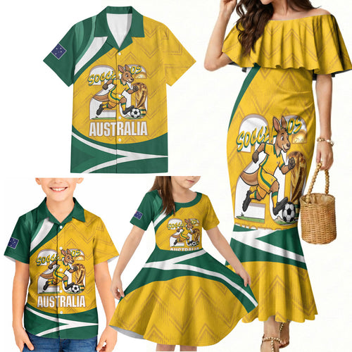 Australia 2026 Soccer Custom Family Matching Mermaid Dress and Hawaiian Shirt Go Socceroos Kangaroo Mascot Yellow Sporty