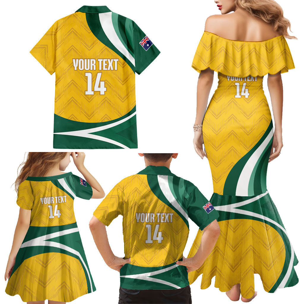 Australia 2026 Soccer Custom Family Matching Mermaid Dress and Hawaiian Shirt Go Socceroos Kangaroo Mascot Yellow Sporty