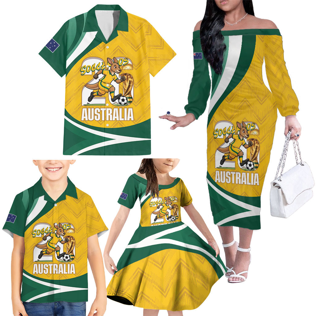 Australia 2026 Soccer Custom Family Matching Off The Shoulder Long Sleeve Dress and Hawaiian Shirt Go Socceroos Kangaroo Mascot Yellow Sporty