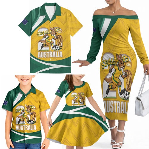 Australia 2026 Soccer Custom Family Matching Off The Shoulder Long Sleeve Dress and Hawaiian Shirt Go Socceroos Kangaroo Mascot Yellow Sporty