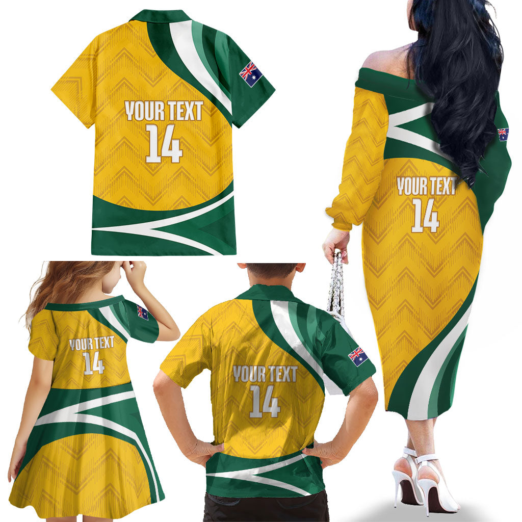 Australia 2026 Soccer Custom Family Matching Off The Shoulder Long Sleeve Dress and Hawaiian Shirt Go Socceroos Kangaroo Mascot Yellow Sporty