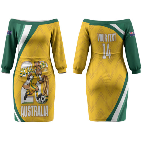 Australia 2026 Soccer Custom Family Matching Off The Shoulder Long Sleeve Dress and Hawaiian Shirt Go Socceroos Kangaroo Mascot Yellow Sporty