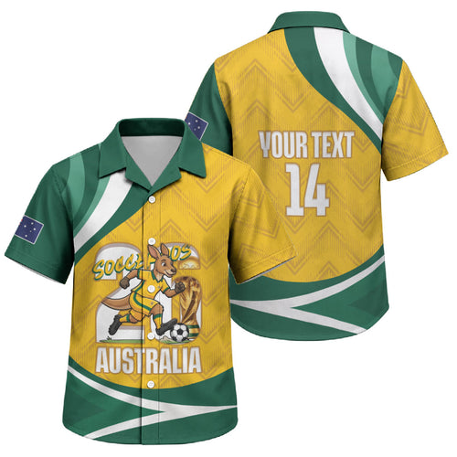 Australia 2026 Soccer Custom Family Matching Off The Shoulder Long Sleeve Dress and Hawaiian Shirt Go Socceroos Kangaroo Mascot Yellow Sporty
