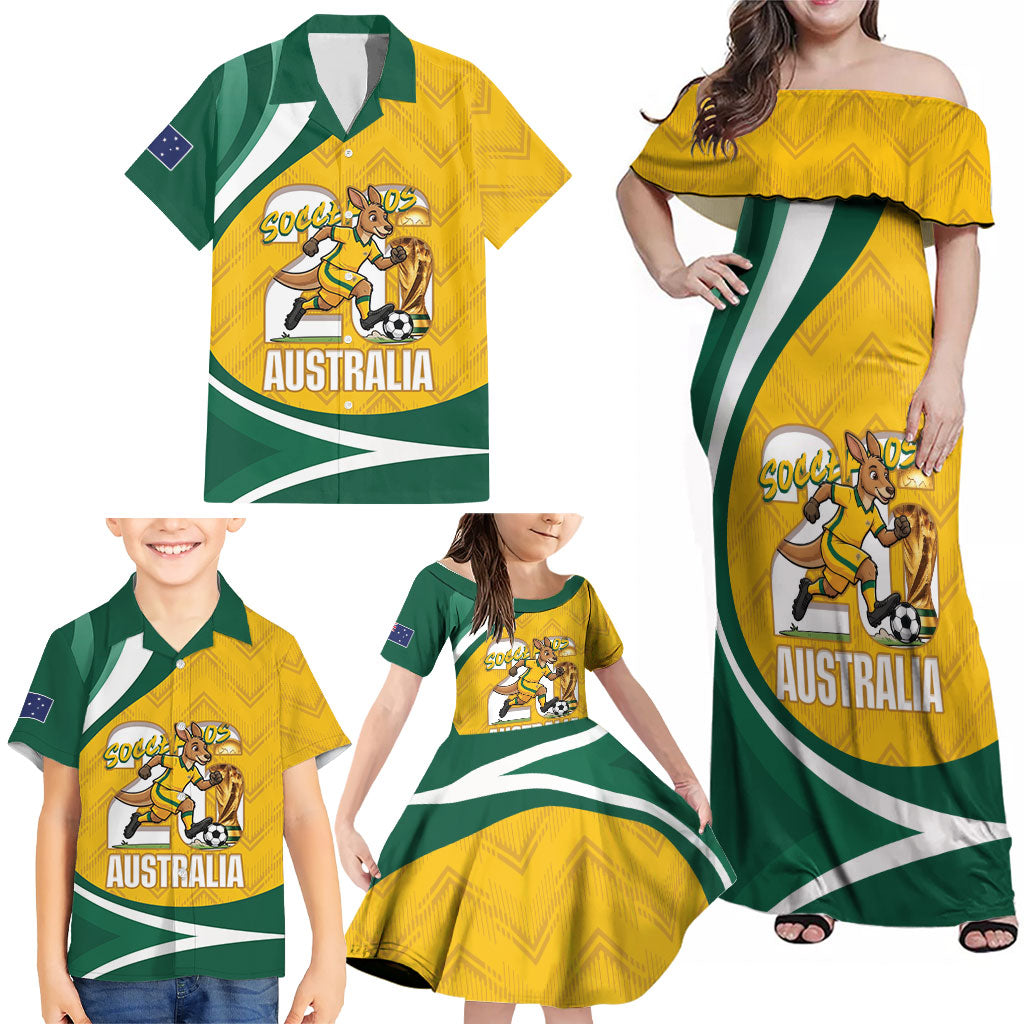 Australia 2026 Soccer Custom Family Matching Off Shoulder Maxi Dress and Hawaiian Shirt Go Socceroos Kangaroo Mascot Yellow Sporty