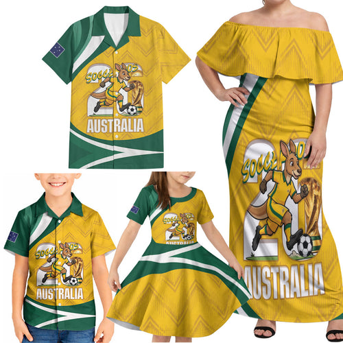 Australia 2026 Soccer Custom Family Matching Off Shoulder Maxi Dress and Hawaiian Shirt Go Socceroos Kangaroo Mascot Yellow Sporty