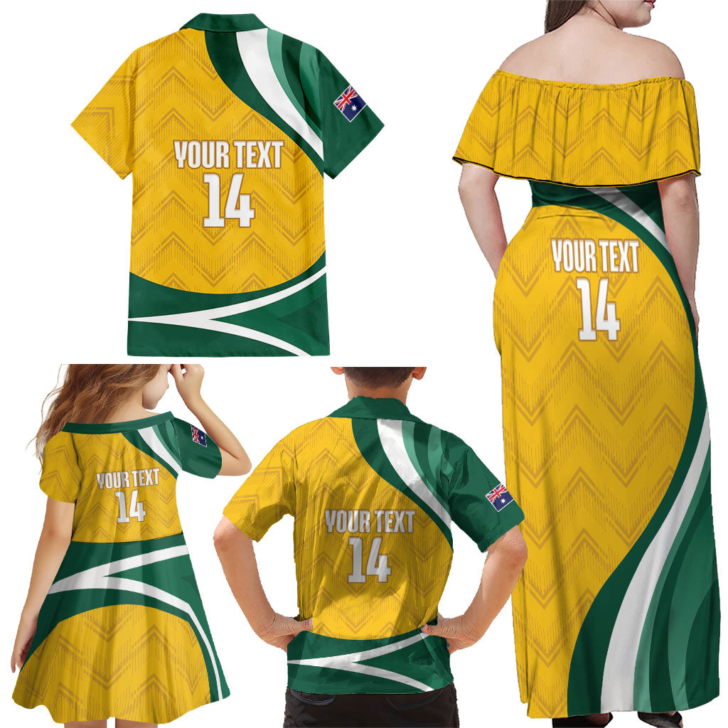 Australia 2026 Soccer Custom Family Matching Off Shoulder Maxi Dress and Hawaiian Shirt Go Socceroos Kangaroo Mascot Yellow Sporty