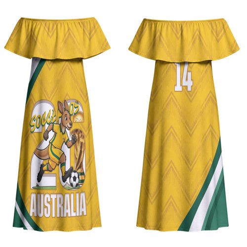 Australia 2026 Soccer Custom Family Matching Off Shoulder Maxi Dress and Hawaiian Shirt Go Socceroos Kangaroo Mascot Yellow Sporty
