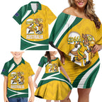Australia 2026 Soccer Custom Family Matching Off Shoulder Short Dress and Hawaiian Shirt Go Socceroos Kangaroo Mascot Yellow Sporty
