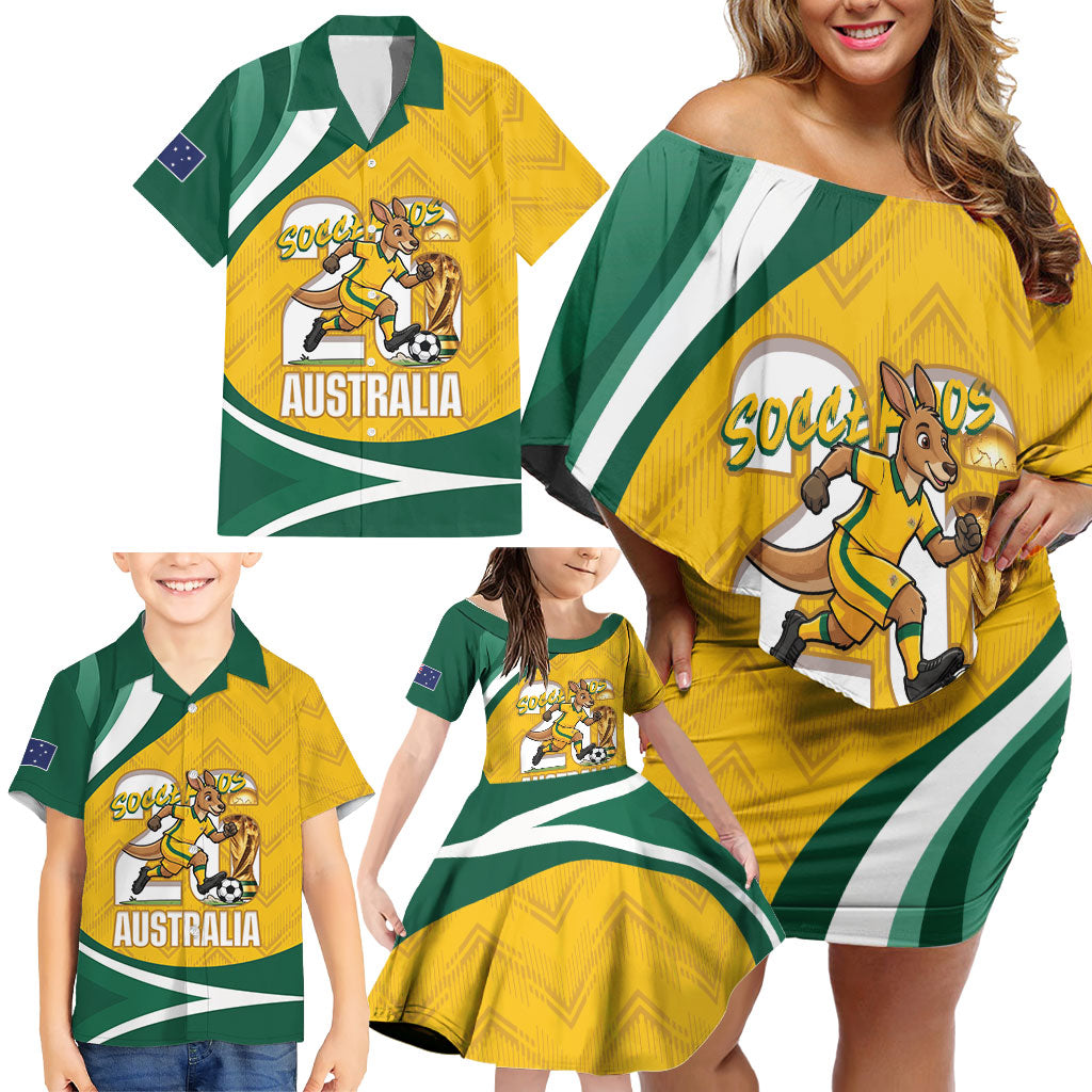 Australia 2026 Soccer Custom Family Matching Off Shoulder Short Dress and Hawaiian Shirt Go Socceroos Kangaroo Mascot Yellow Sporty