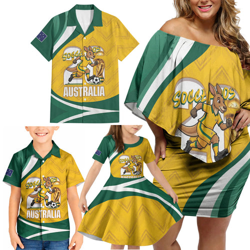 Australia 2026 Soccer Custom Family Matching Off Shoulder Short Dress and Hawaiian Shirt Go Socceroos Kangaroo Mascot Yellow Sporty