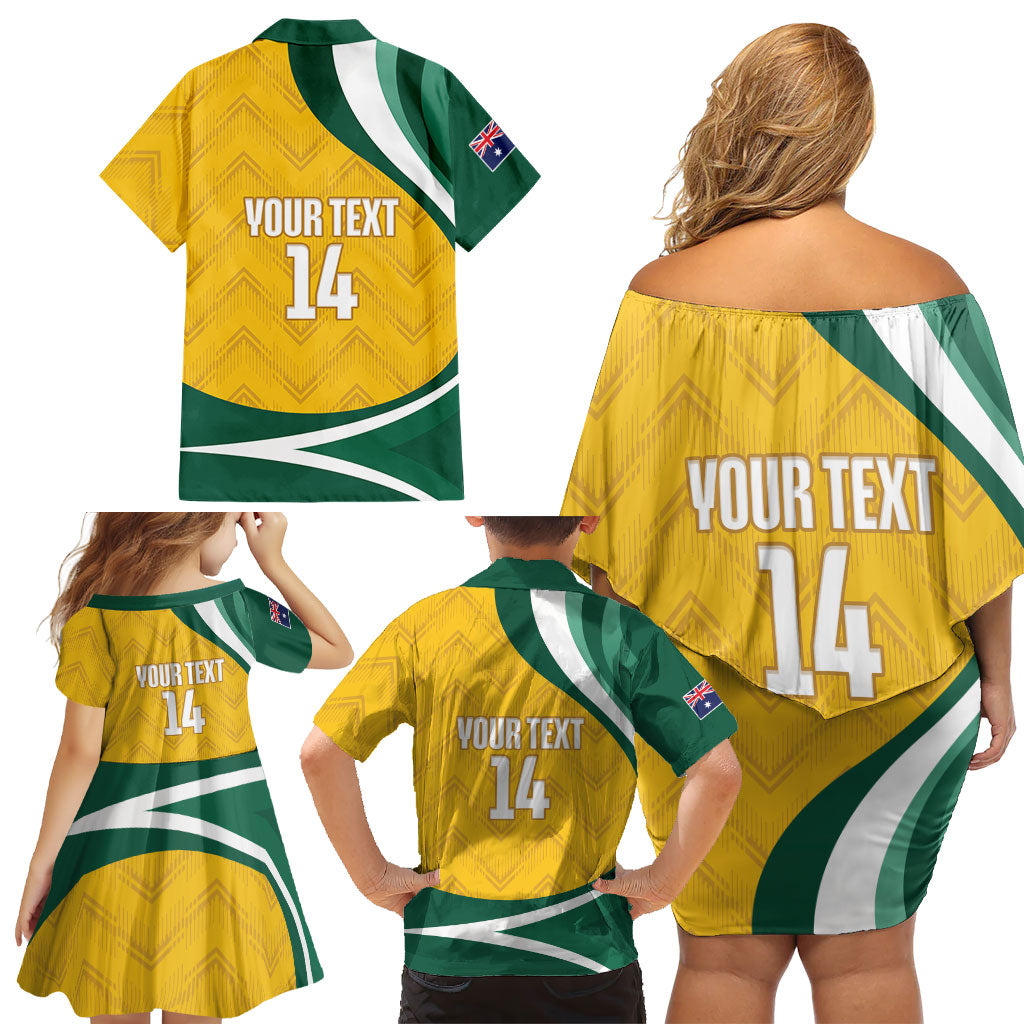 Australia 2026 Soccer Custom Family Matching Off Shoulder Short Dress and Hawaiian Shirt Go Socceroos Kangaroo Mascot Yellow Sporty