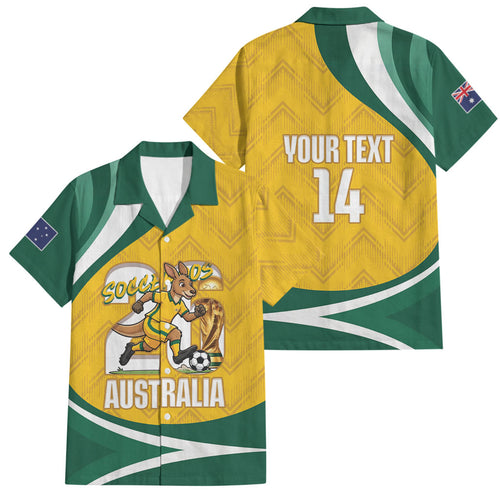 Australia 2026 Soccer Custom Family Matching Off Shoulder Short Dress and Hawaiian Shirt Go Socceroos Kangaroo Mascot Yellow Sporty