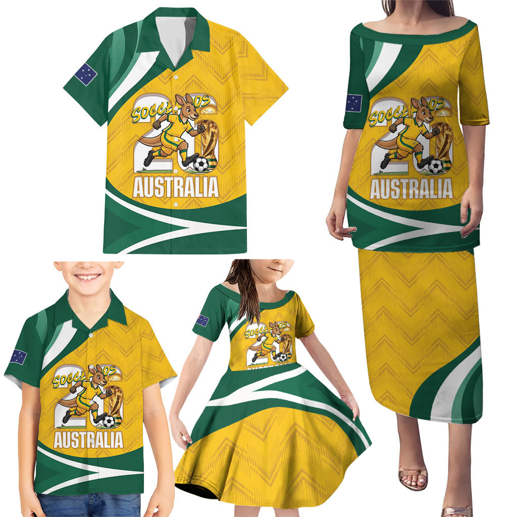 Australia 2026 Soccer Custom Family Matching Puletasi and Hawaiian Shirt Go Socceroos Kangaroo Mascot Yellow Sporty