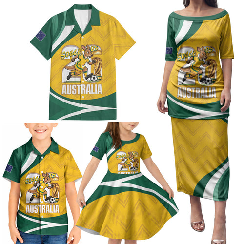 Australia 2026 Soccer Custom Family Matching Puletasi and Hawaiian Shirt Go Socceroos Kangaroo Mascot Yellow Sporty