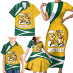 Australia 2026 Soccer Custom Family Matching Short Sleeve Bodycon Dress and Hawaiian Shirt Go Socceroos Kangaroo Mascot Yellow Sporty