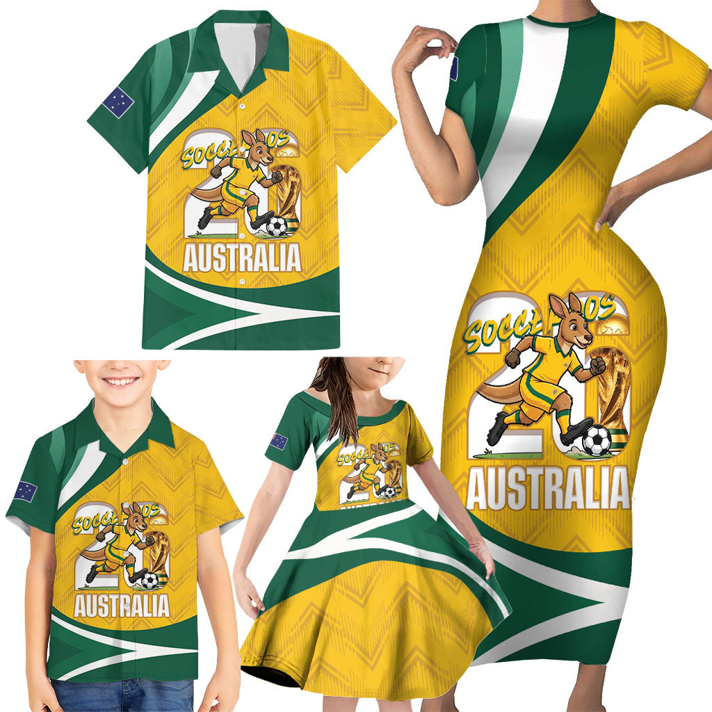 Australia 2026 Soccer Custom Family Matching Short Sleeve Bodycon Dress and Hawaiian Shirt Go Socceroos Kangaroo Mascot Yellow Sporty