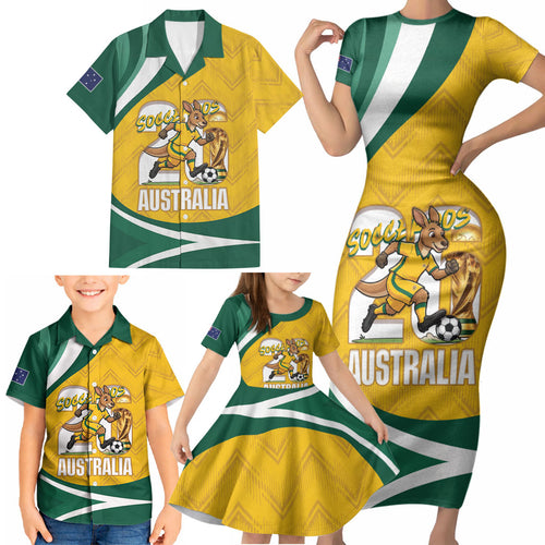 Australia 2026 Soccer Custom Family Matching Short Sleeve Bodycon Dress and Hawaiian Shirt Go Socceroos Kangaroo Mascot Yellow Sporty