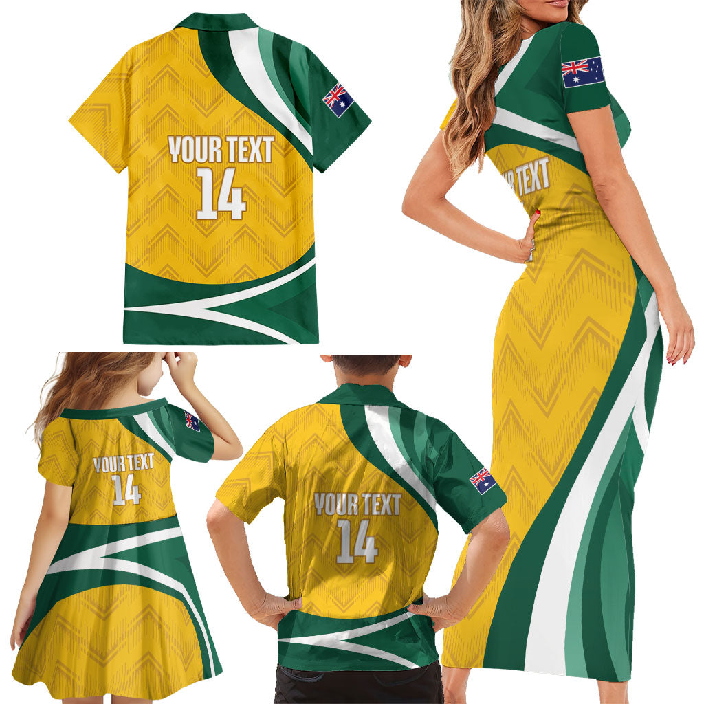 Australia 2026 Soccer Custom Family Matching Short Sleeve Bodycon Dress and Hawaiian Shirt Go Socceroos Kangaroo Mascot Yellow Sporty