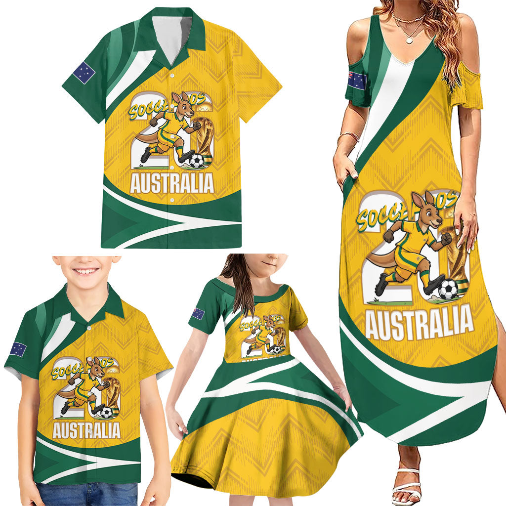 Australia 2026 Soccer Custom Family Matching Summer Maxi Dress and Hawaiian Shirt Go Socceroos Kangaroo Mascot Yellow Sporty