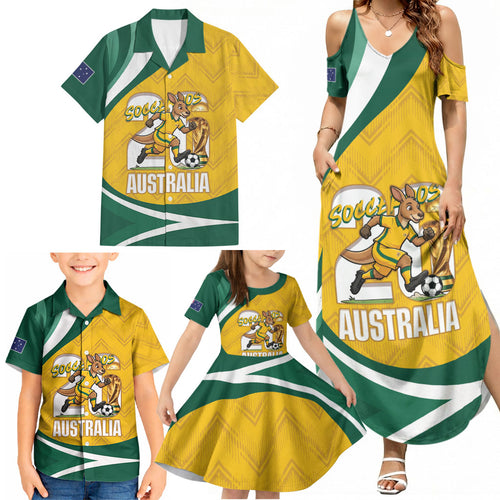 Australia 2026 Soccer Custom Family Matching Summer Maxi Dress and Hawaiian Shirt Go Socceroos Kangaroo Mascot Yellow Sporty