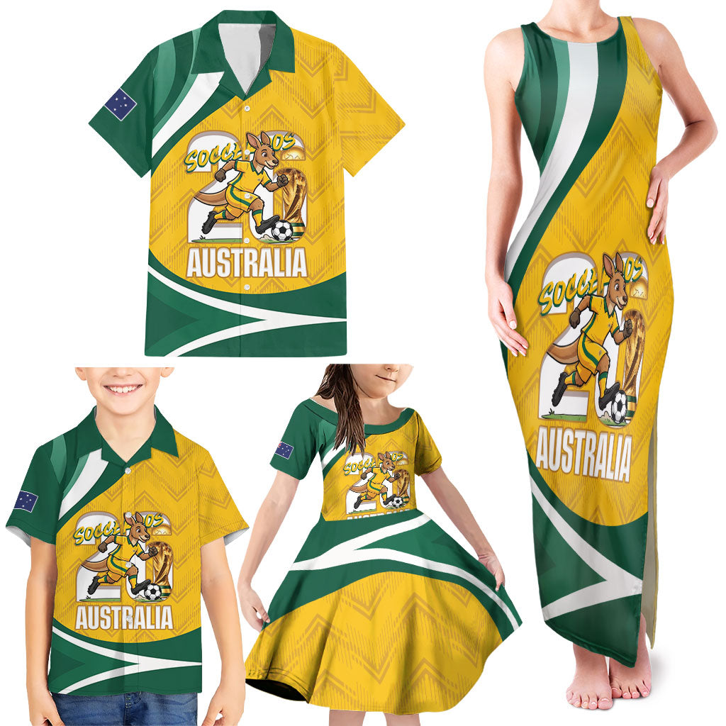 Australia 2026 Soccer Custom Family Matching Tank Maxi Dress and Hawaiian Shirt Go Socceroos Kangaroo Mascot Yellow Sporty