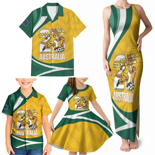 Australia 2026 Soccer Custom Family Matching Tank Maxi Dress and Hawaiian Shirt Go Socceroos Kangaroo Mascot Yellow Sporty