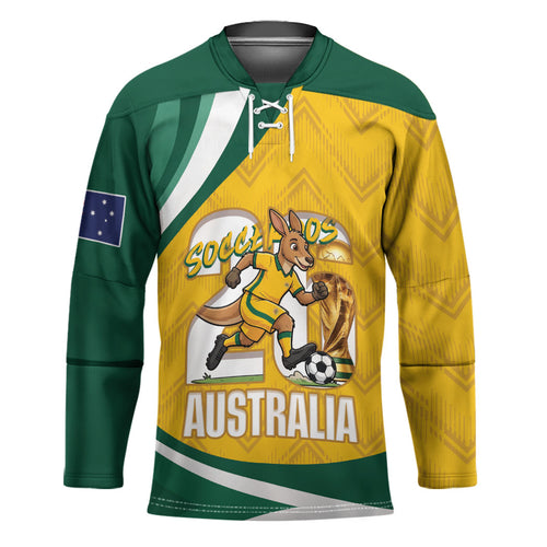 Australia 2026 Soccer Custom Hockey Jersey Go Socceroos Kangaroo Mascot Yellow Sporty