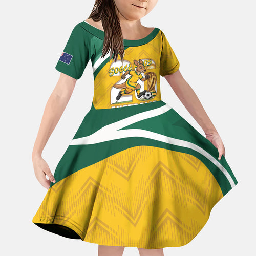Australia 2026 Soccer Custom Kid Short Sleeve Dress Go Socceroos Kangaroo Mascot Yellow Sporty