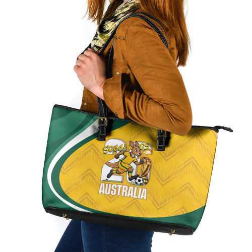Australia 2026 Soccer Leather Tote Bag Go Socceroos Kangaroo Mascot Yellow Sporty