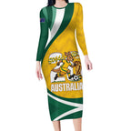 Australia 2026 Soccer Custom Long Sleeve Bodycon Dress Go Socceroos Kangaroo Mascot Yellow Sporty