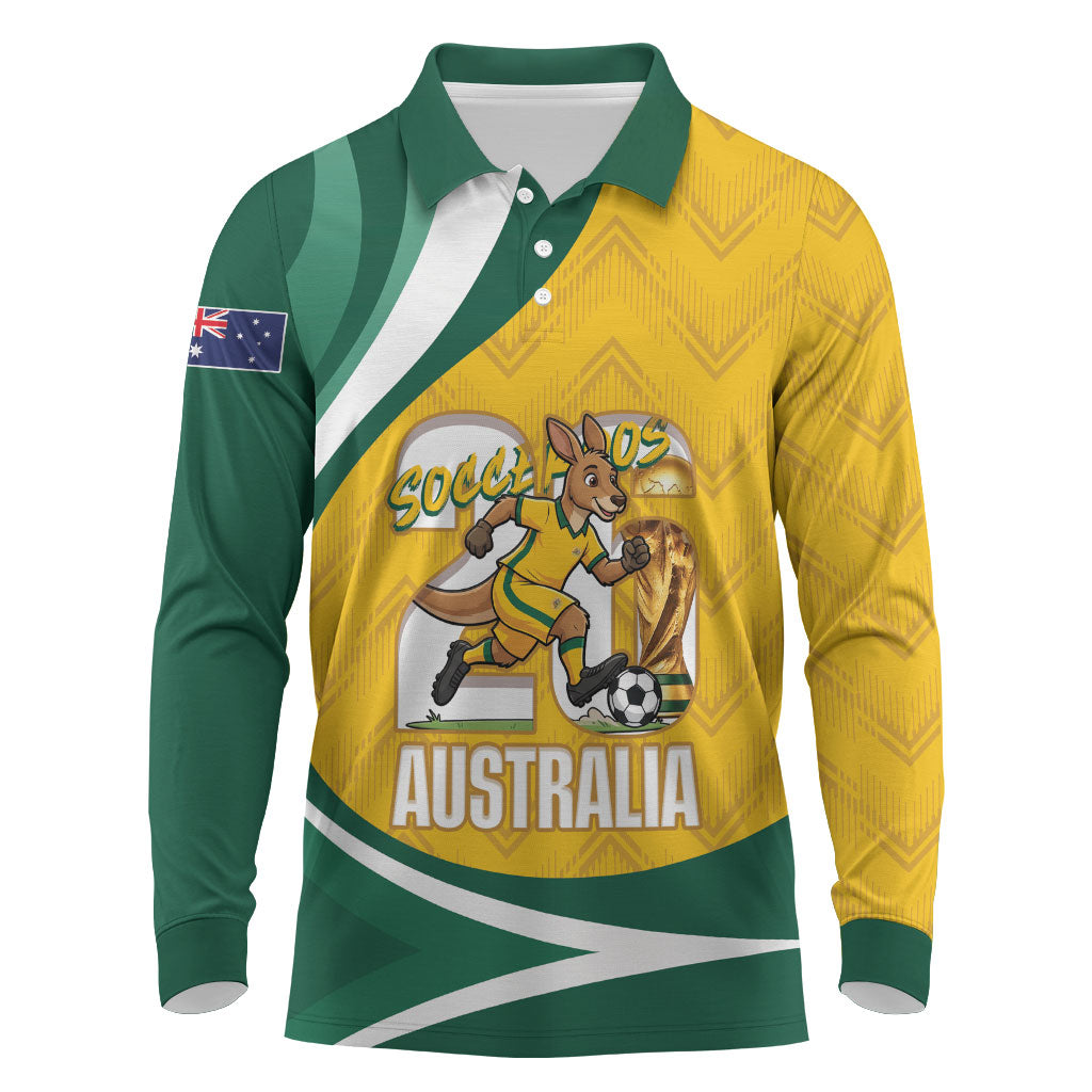 Australia 2026 Soccer Custom Long Sleeve Polo Shirt Go Socceroos Kangaroo Mascot Yellow Sporty