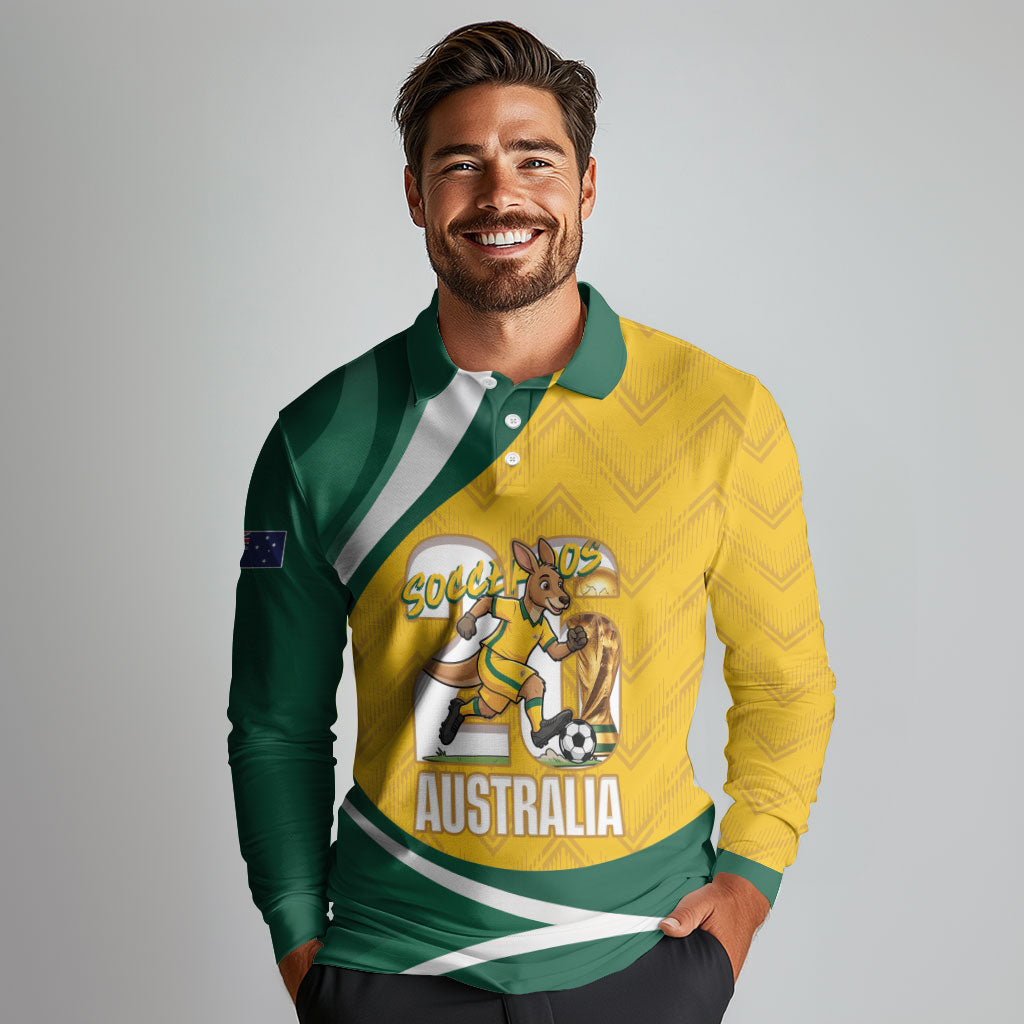 Australia 2026 Soccer Custom Long Sleeve Polo Shirt Go Socceroos Kangaroo Mascot Yellow Sporty