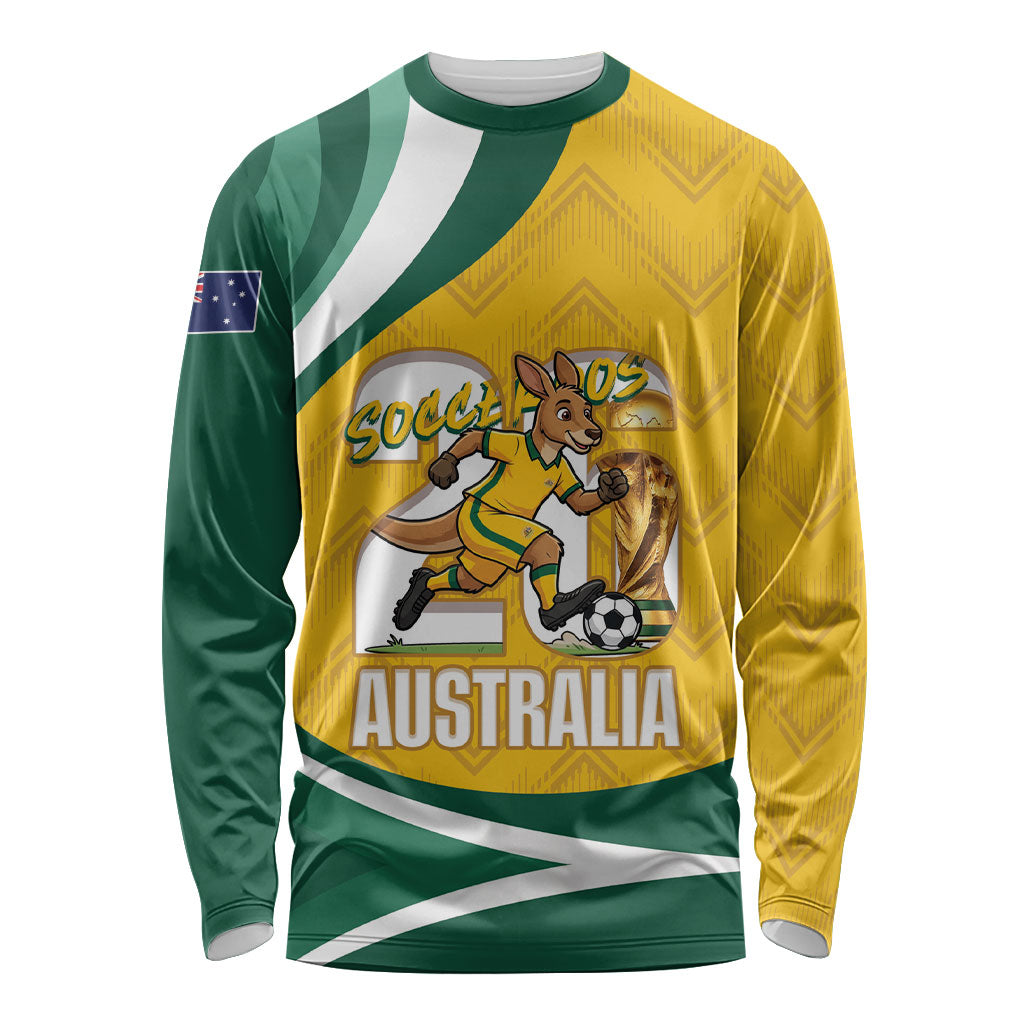 Australia 2026 Soccer Custom Long Sleeve Shirt Go Socceroos Kangaroo Mascot Yellow Sporty